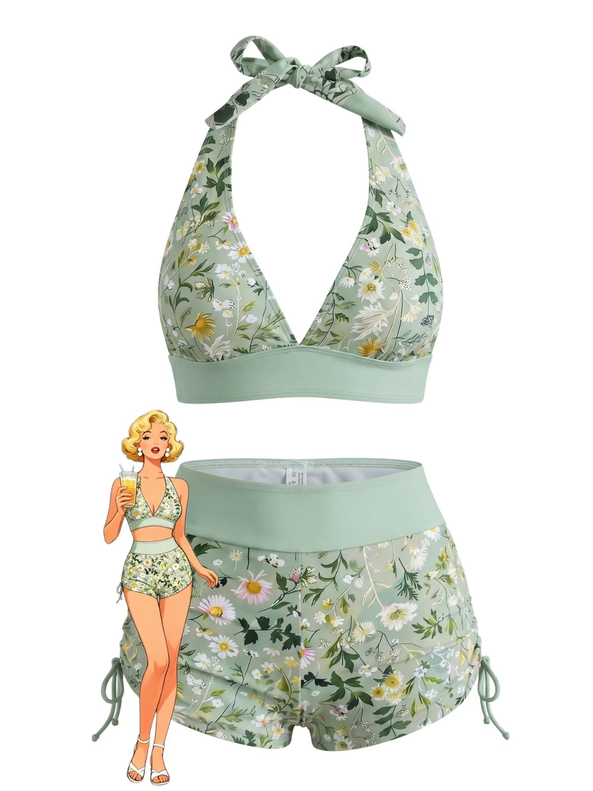 1950s Halter Wildflower High-Waisted Boyshort Bikini Set