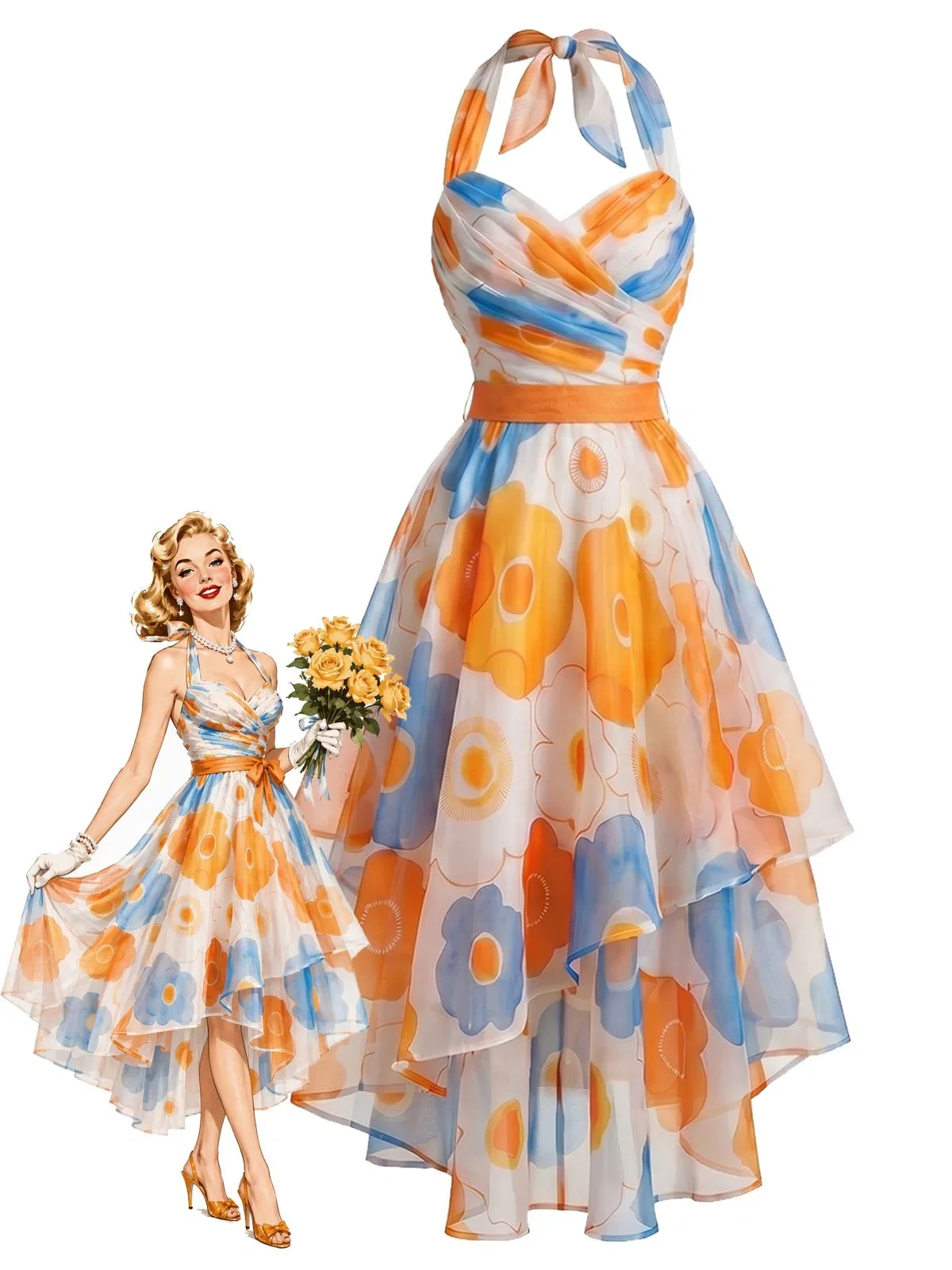 [Pre-Sale] Orange 1950s Floral Halter High Low Asymmetrical Hem Dress