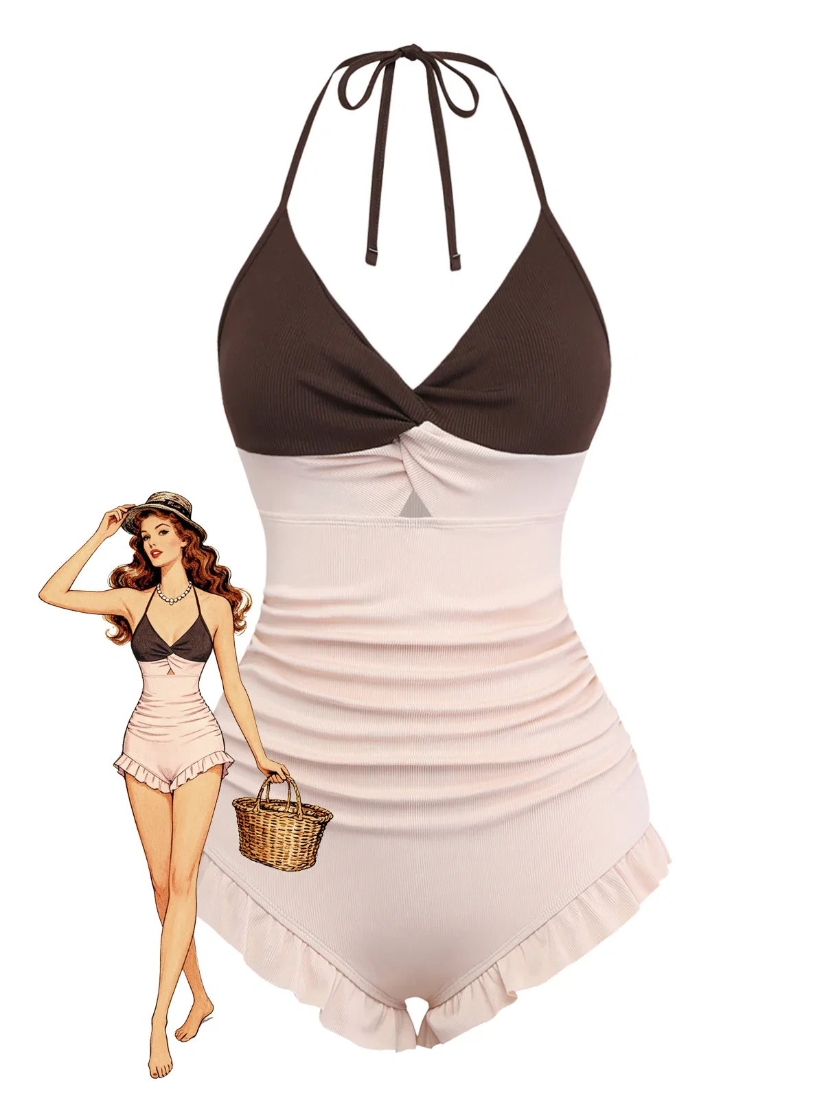 Brown & Pink 1940s Color-Block Ruffled High-Waisted Swimsuit