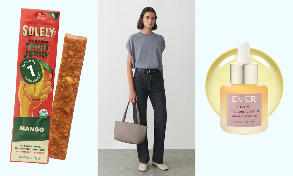 fruit jerky, leather tote, serum