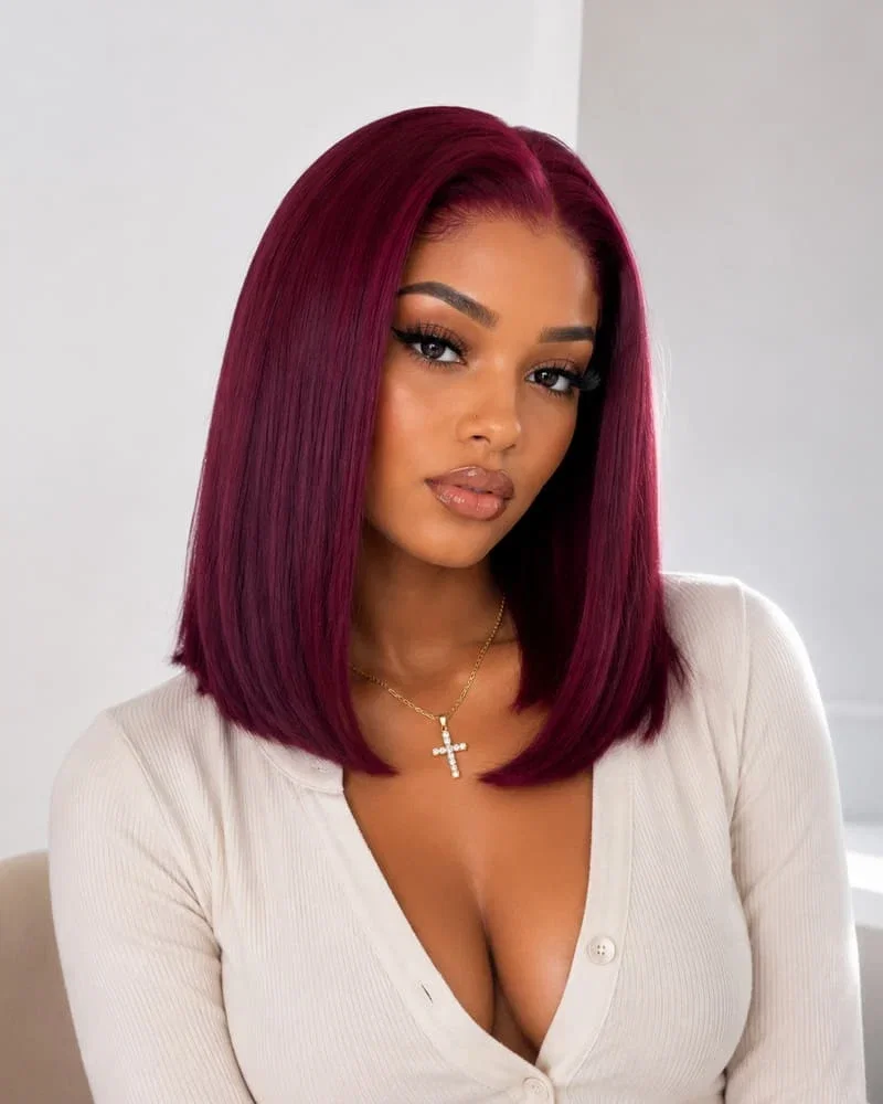 Arabella 6x5 Invisible Knots Glueless Dark Plum Straight Bob Wig Pre-cut Lace Beginner Friendly