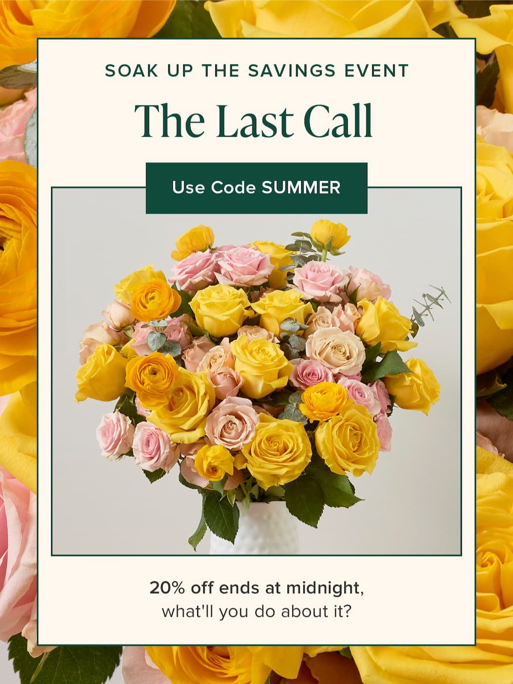 Soak Up The Savings Event. The Last Call! 20% off ends at midnight, what'll you do about it? Use code SUMMER