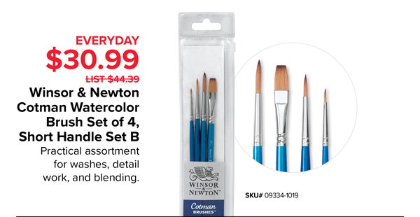 Winsor & Newton Cotman Watercolor Brush Set of 4, Short Handle Set B, $30.99 - Practical assortment for washes, detail work, and blending.