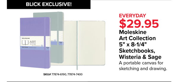 Moleskine Art Collection 5" x 8-1/4" Sketchbooks, Wisteria & Sage, $29.95 - A portable canvas for sketching and drawing.