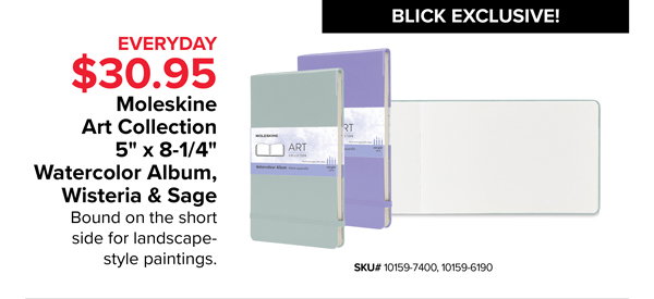Moleskine Art Collection 5" x 8-1/4" Watercolor Album, Wisteria & Sage, $30.95 - Bound on the short side for landscape-style paintings.