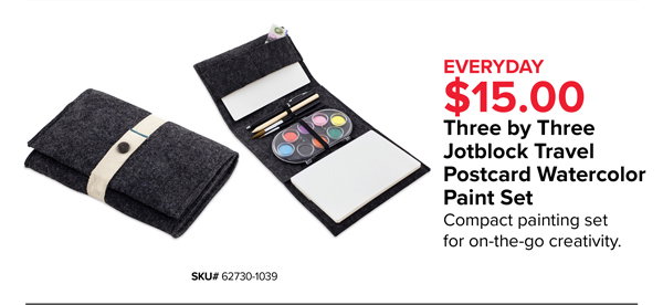 Three by Three Jotblock Travel Postcard Watercolor Paint Set, $15.00 - Compact painting set for on-the-go creativity.