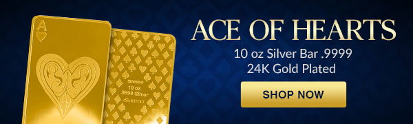 Ace of Hearts - 10 oz Silver bar - 24k Gold Plated