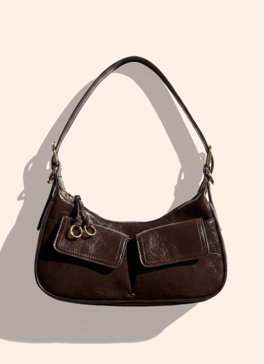 Dark Brown Patent Faux Leather Utility Shoulder Bag