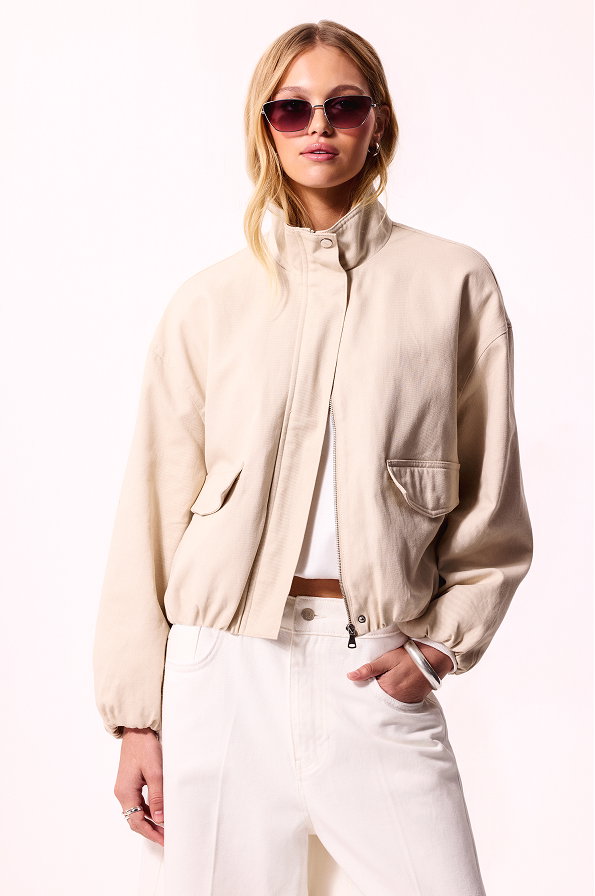 Stone Cotton Funnel Neck Bubble Hem Short Jacket