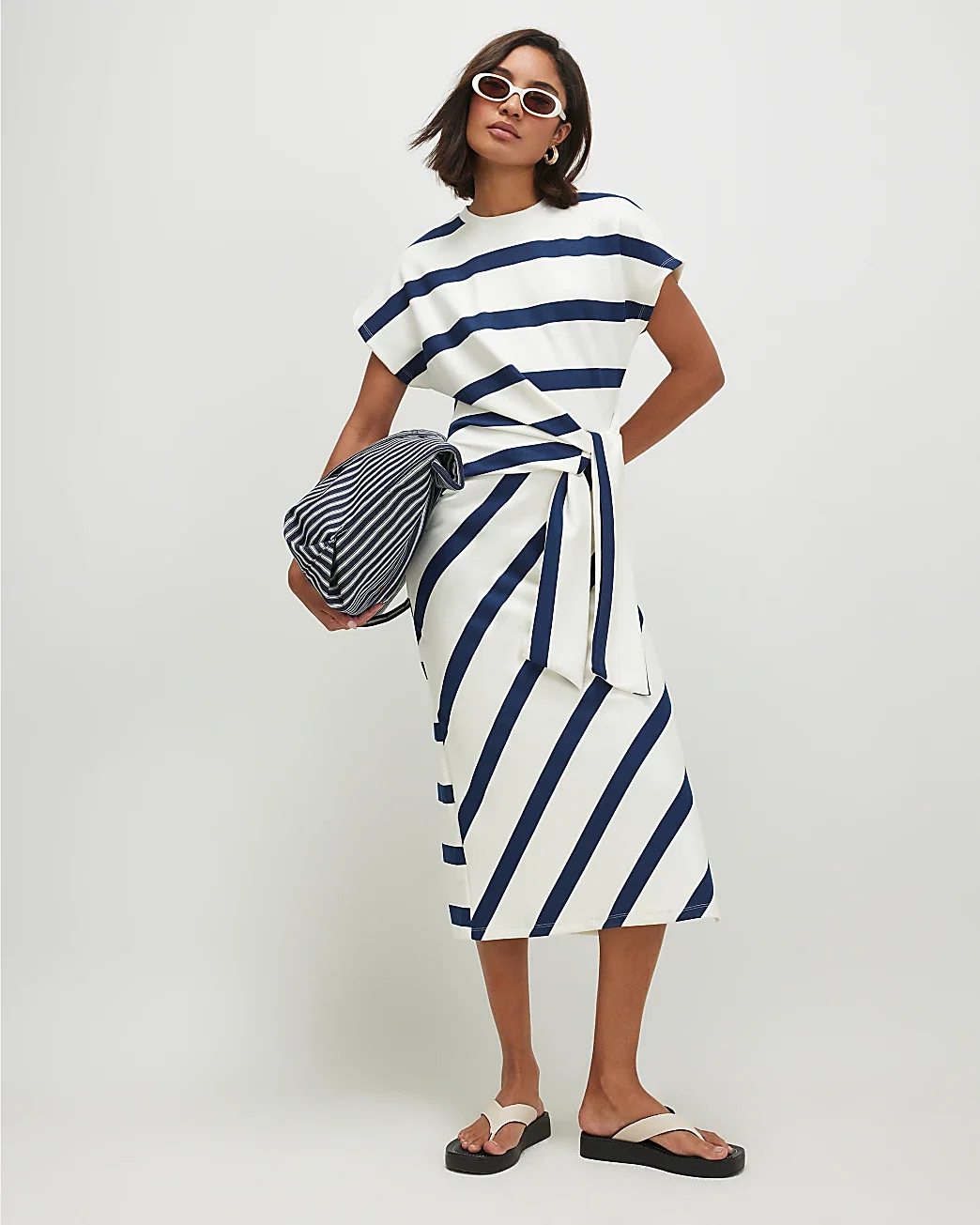 Womens Cream Premium Stripe Tie Side Midi Dress