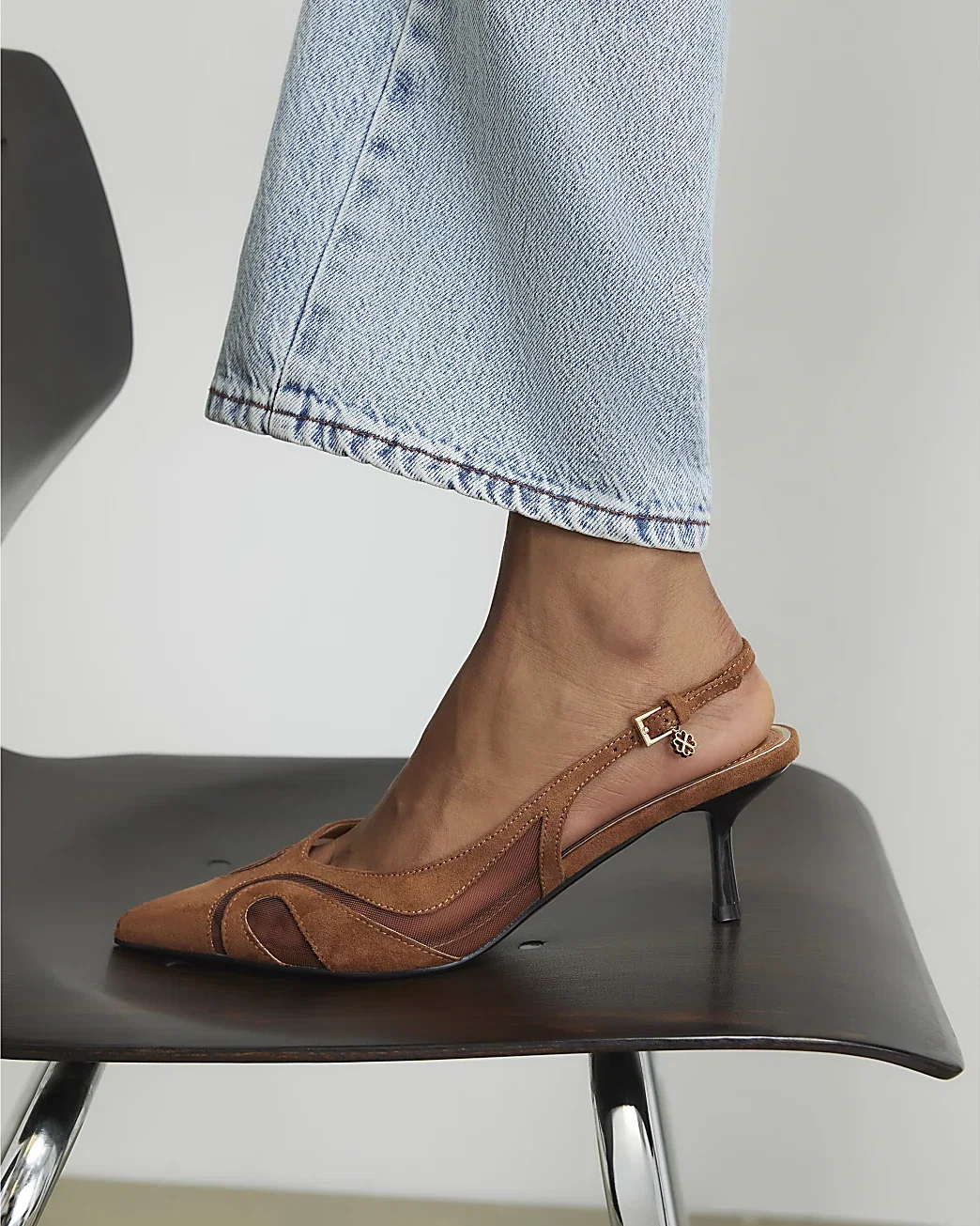Womens Brown Mesh Splice Slingback Court Heels