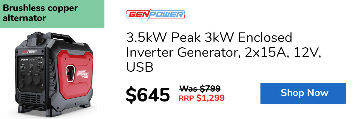 3.5kW Peak 3kW Enclosed Inverter Generator, 2x15A, 12V, USB