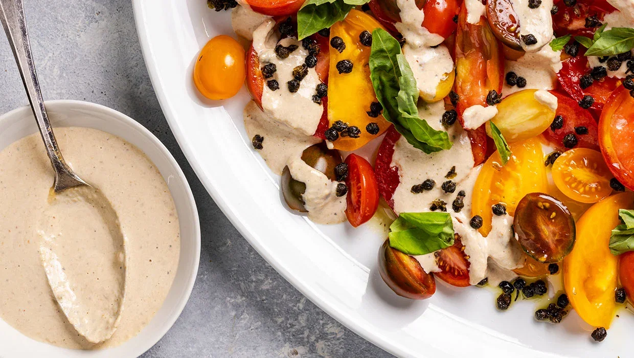 Tomato Salad with Crispy Capers and Tonnato Sauce