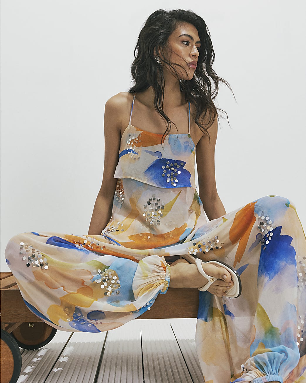 Womens Cream Blur Print Sequin Tiered Cami Top