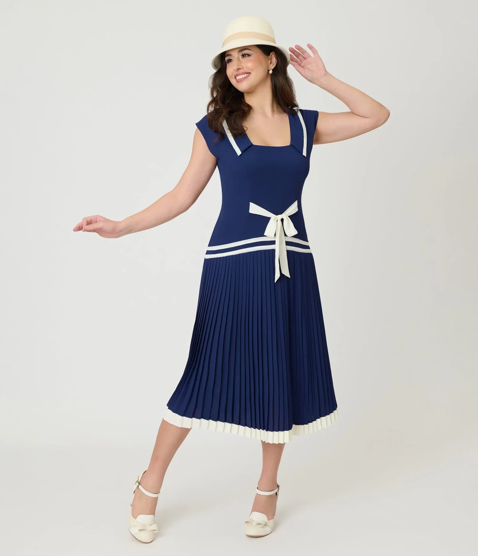 Image of Unique Vintage Navy Pleated Flapper Day Dress
