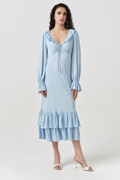 Melina Crepe Ruffle Hem Midi Dress