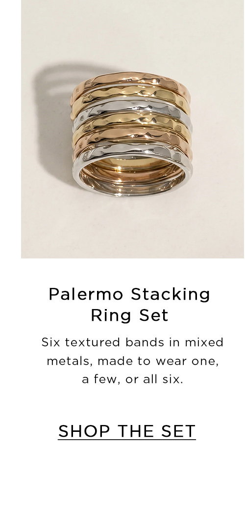Palermo Stacking Ring Set | Six textured bands in mixed metals, made to wear one, a few, or all six. | SHOP THE SET