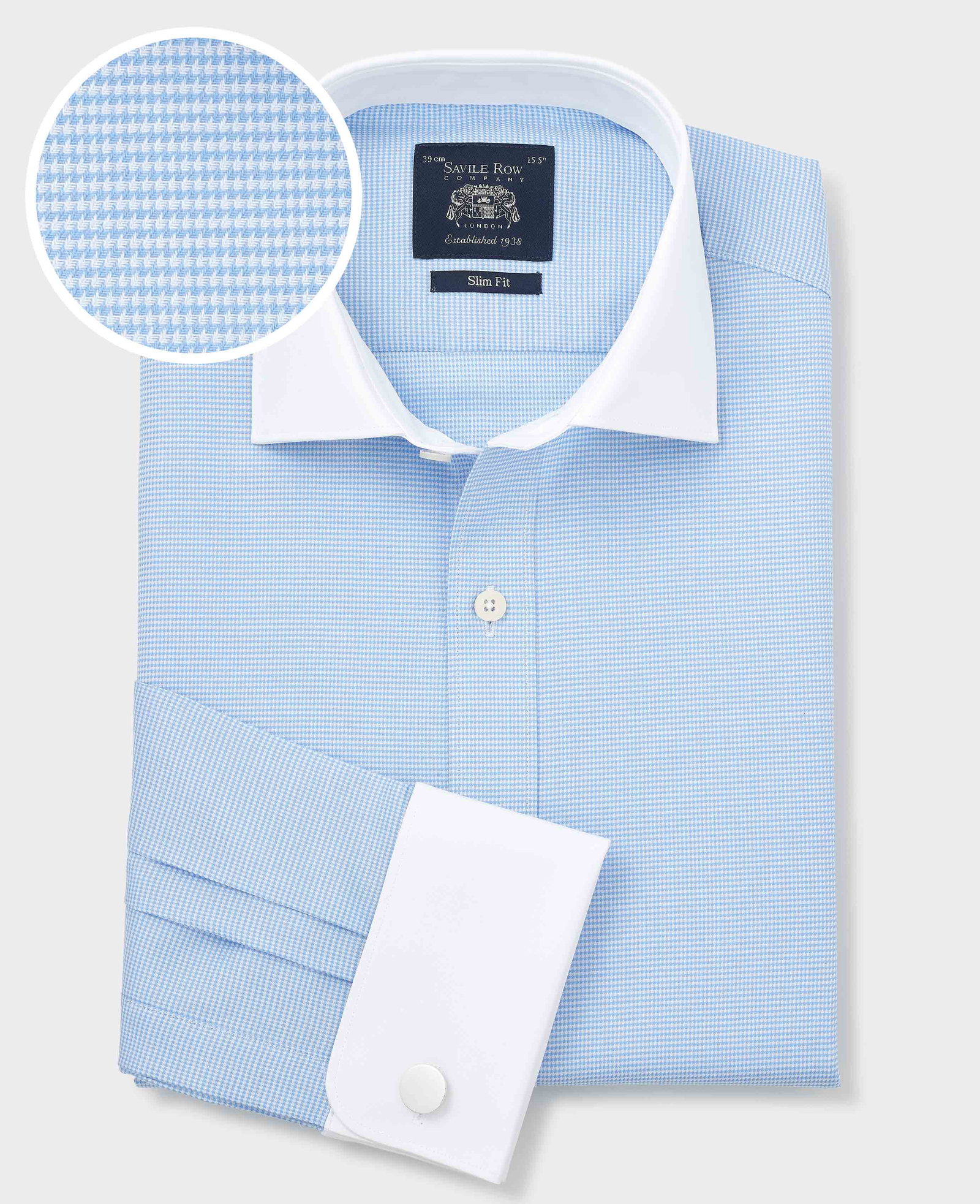 Image of Blue Cotton Puppytooth Slim Fit Winchester Formal Shirt - Double Cuff