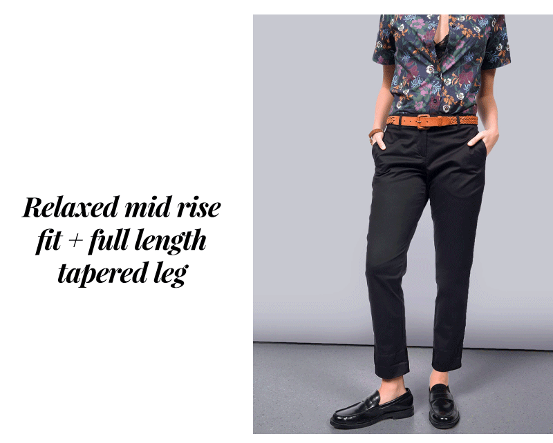 Relaxed mid rise fit + full length tapered leg