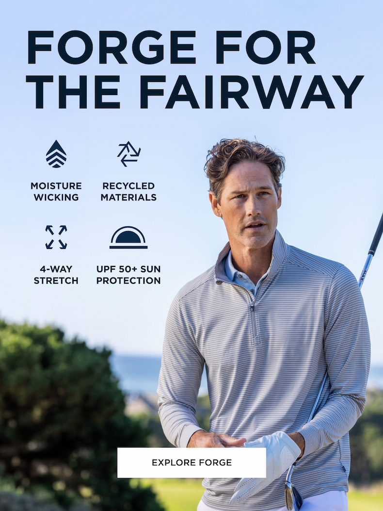 Man wearing Forge Stripe Polo playing golf | Explore Forge