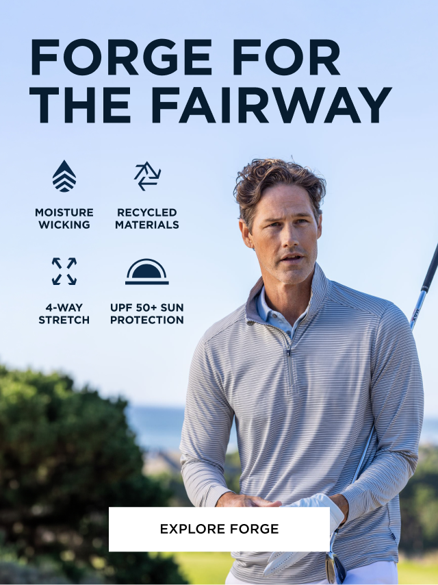 Man wearing Forge Stripe Polo playing golf | Explore Forge