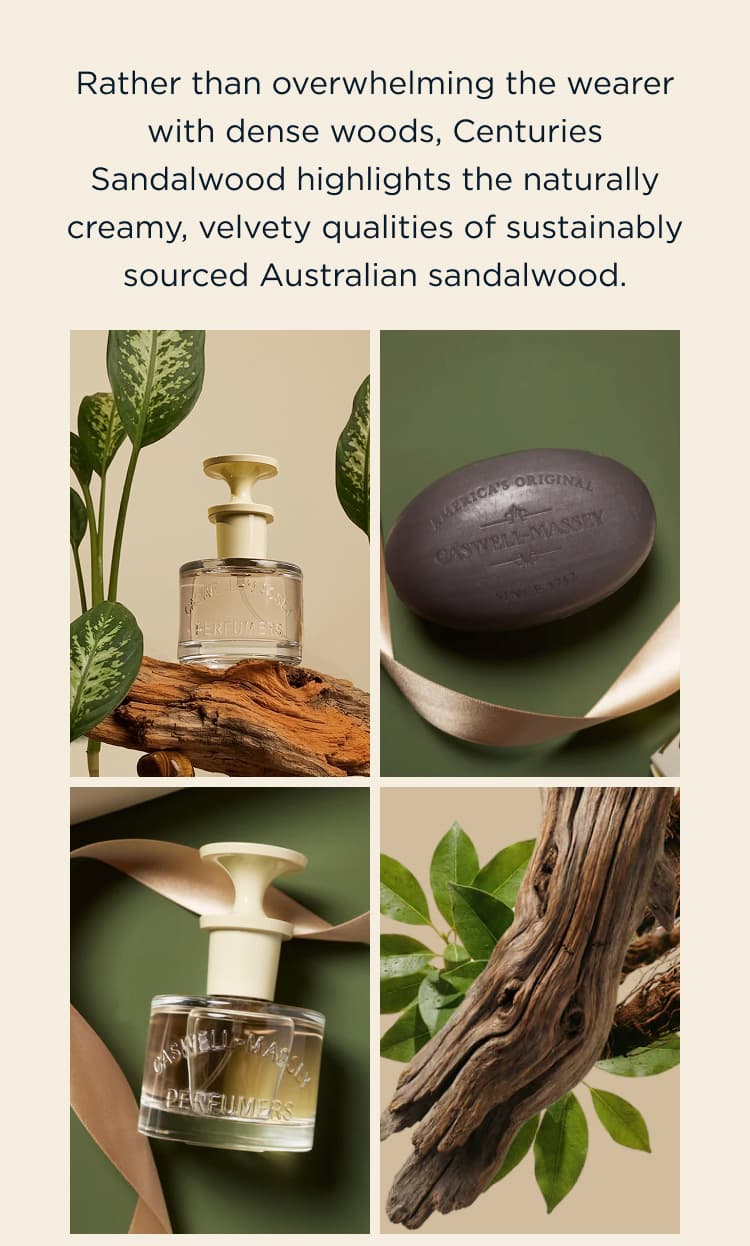 Rather than overwhelming the wearer with dense woods, Centuries Sandalwood highlights the naturally creamy, velvety qualities of sustainably sourced Australian sandalwood.