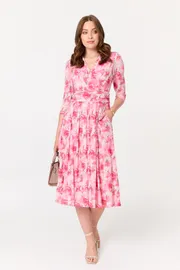 Floral Pleated Shirred Wrap Midi Dress