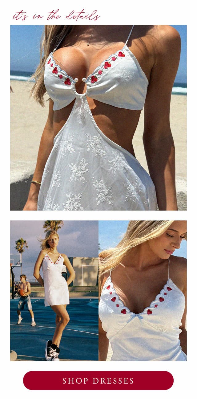 Collage of models wearing white rose mini and maxi dresses with embroidered details. Shop Rosettes. 
