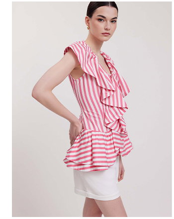 Pink and White Striped Peplum Blouse With Large Single Ruffle & Corset Back
