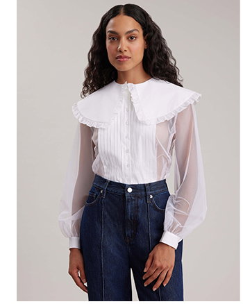 Sheer Long Sleeve Shirt with Puritan Collar & Poplin Box Pleated Placket