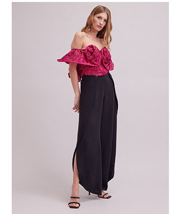 Fuchsia Embroidered Eyelet Lace Shirt With 3D Ruffles