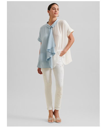 Oversized Blue and White Silk Shirt With Cascading Ruffle