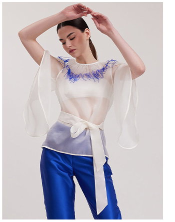 White Sheer Organza Shirt With Blue Dyed Feathers Around Collar