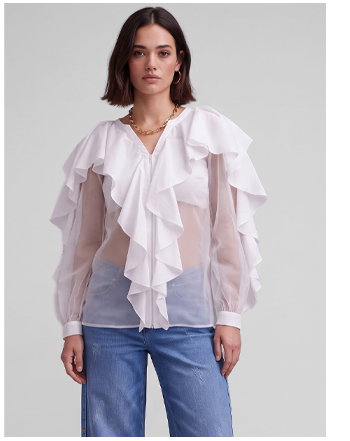 White Sheer Net Shirt With Cascading Ruffle Details