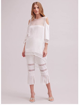 White Cold Shoulder 3/4 Sleeve Tunic Linen Blouse With Mesh Inserts