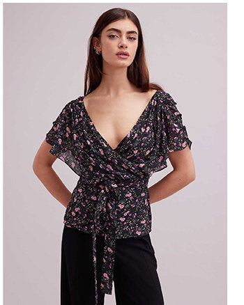 Floral Print Wrap Top With Flutter Sleeves