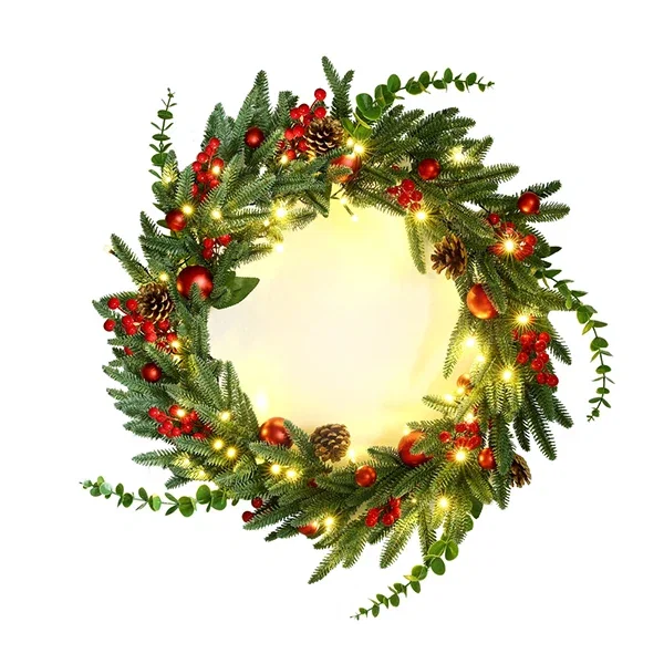 Christmas Wreath 60Cm Led Garland Berries Pine Cones Party Decor