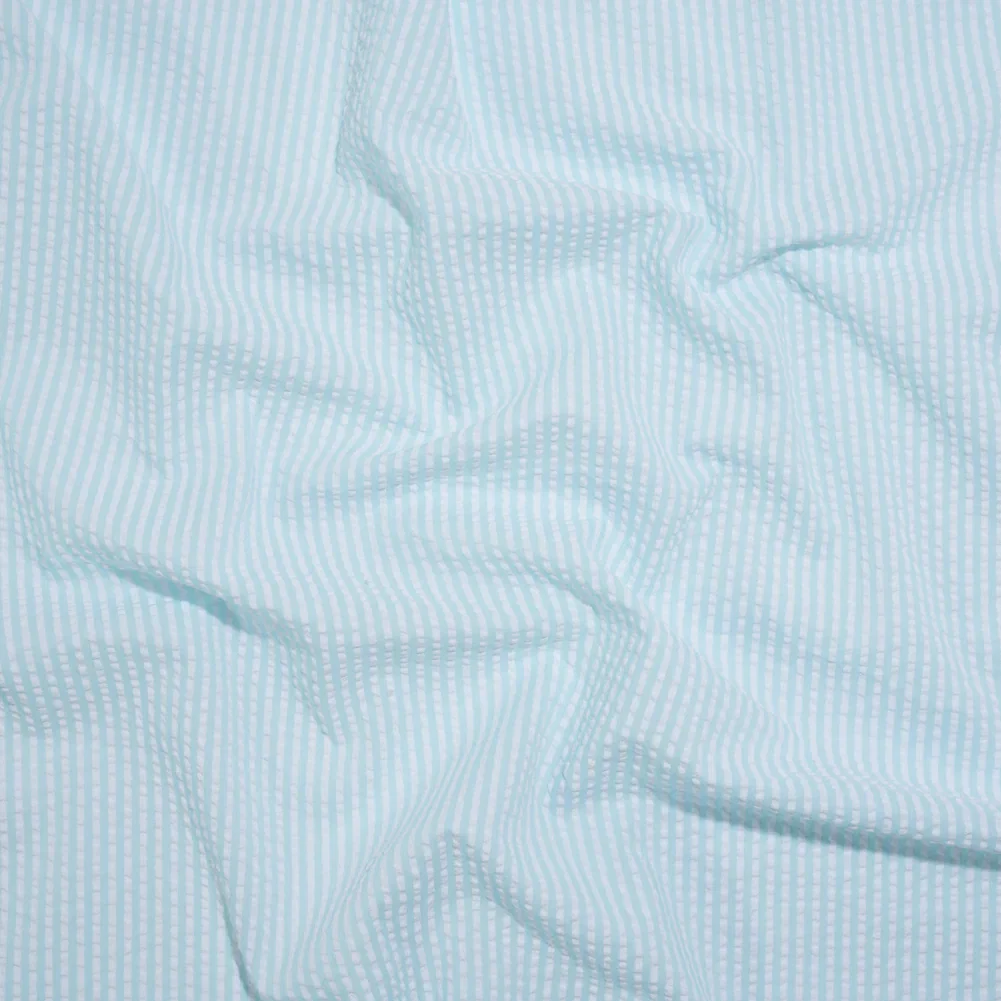 Image of Polyester and Cotton Seersucker - Aegean Blue and White Candy Stripes - Wylie Collection