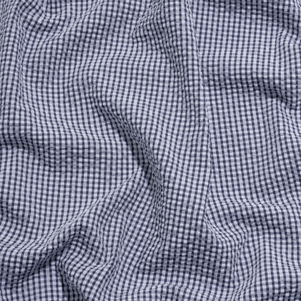 Image of Polyester and Cotton Seersucker - Dark Blue and White Checks - Wylie Collection