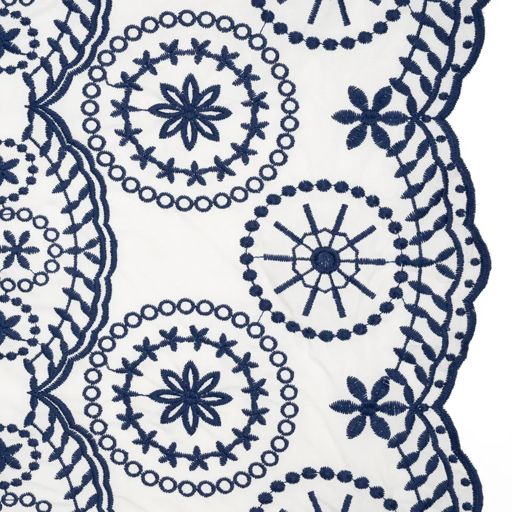 Image of Embroidered Cotton and Polyester Shirting with Scalloped Edges - White and Navy Blue Floral Medallions - Designer Deadstock