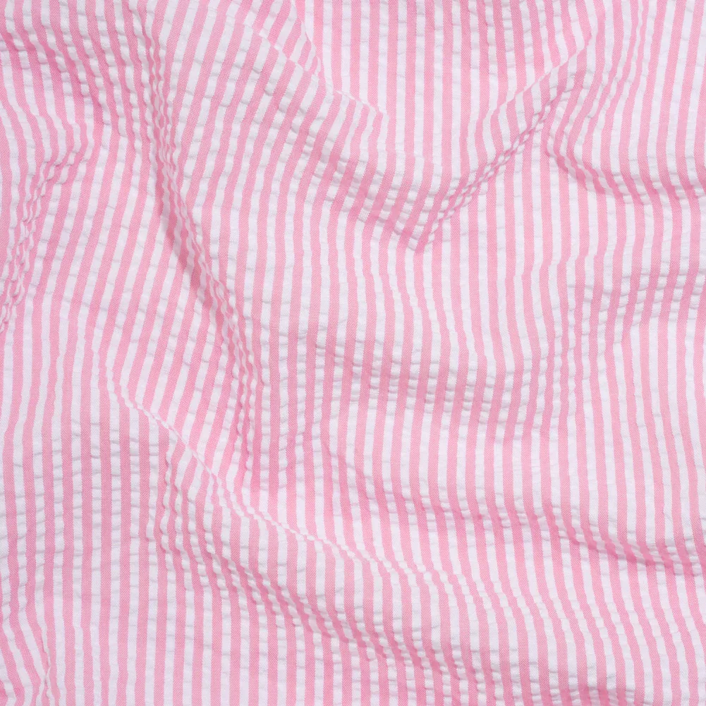 Image of Polyester and Cotton Seersucker - Bubblegum Pink and White Candy Stripes - Wylie Collection