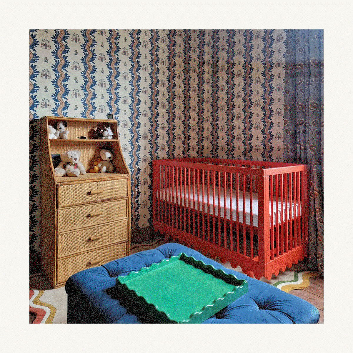 an image of a child's room with a crib and a rainbow