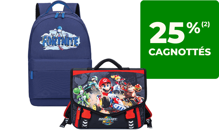 25% cagnottés sur les cartables mario kart et fortnite