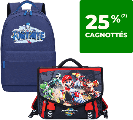 25% cagnottés sur les cartables mario kart et fortnite