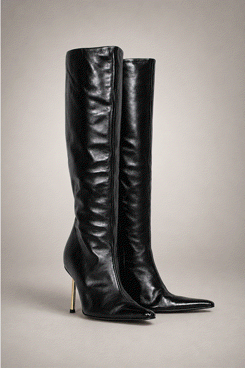Versace – Black Leather Boots w/ Gold Stiletto Heel Sz 8