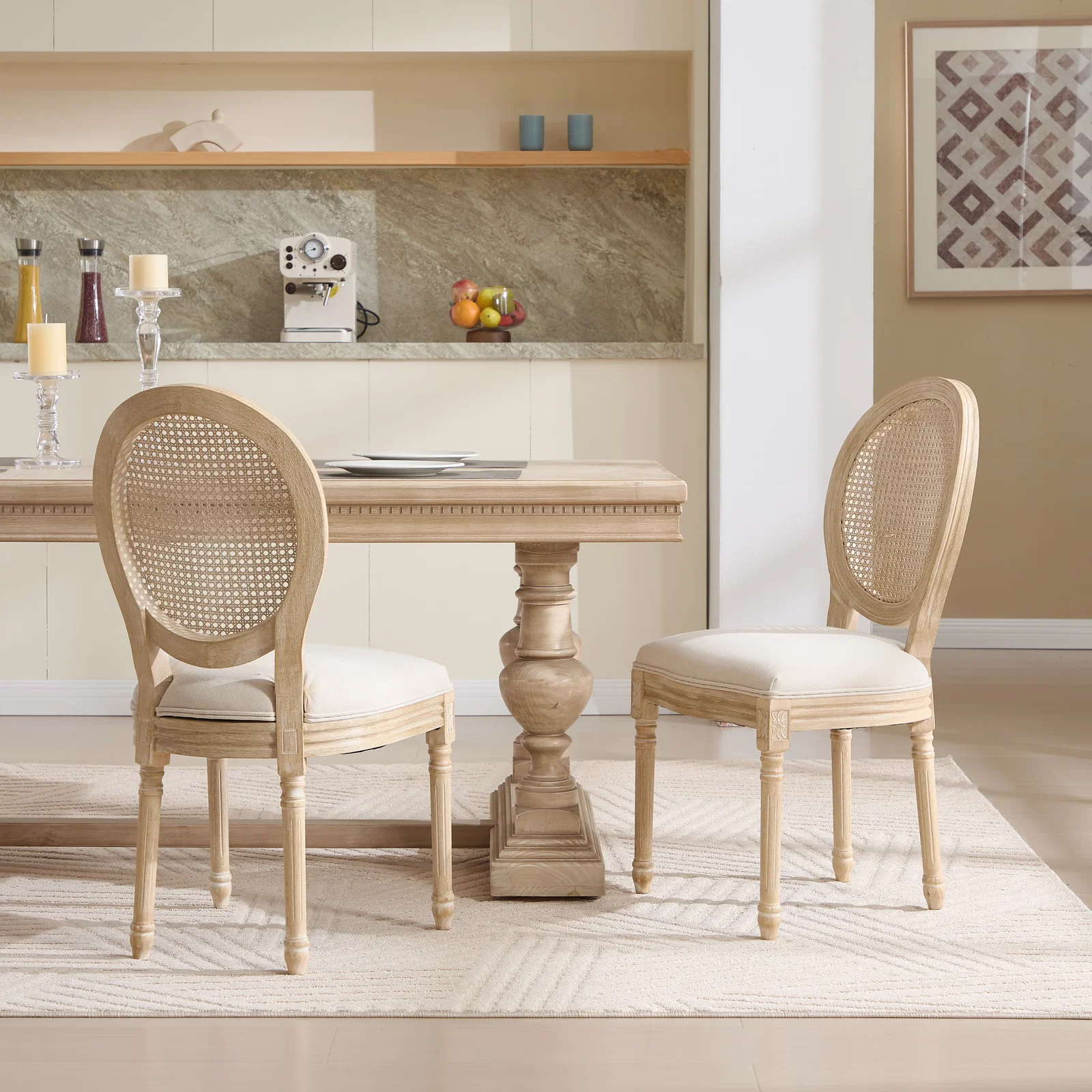 Image of Classic French Country Dining Chairs with Upholstered Seat and Rattan Back, Set of 2