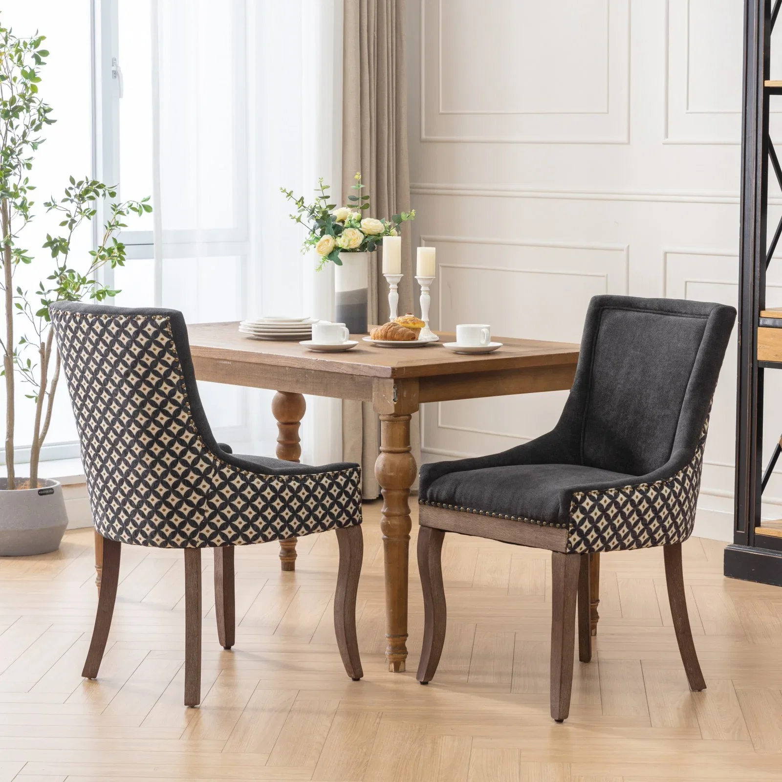 Image of Square Patterned Back Upholstered Dining Chair with Bronze Nailhead Trim, Set of 2