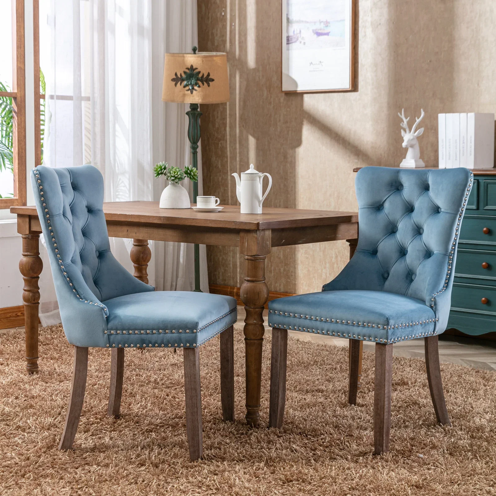 Image of Rosewick Modern Tufted Velvet Nailhead Trim Solid Wood Upholstered Dining Chair with Wood Legs, Set of 2