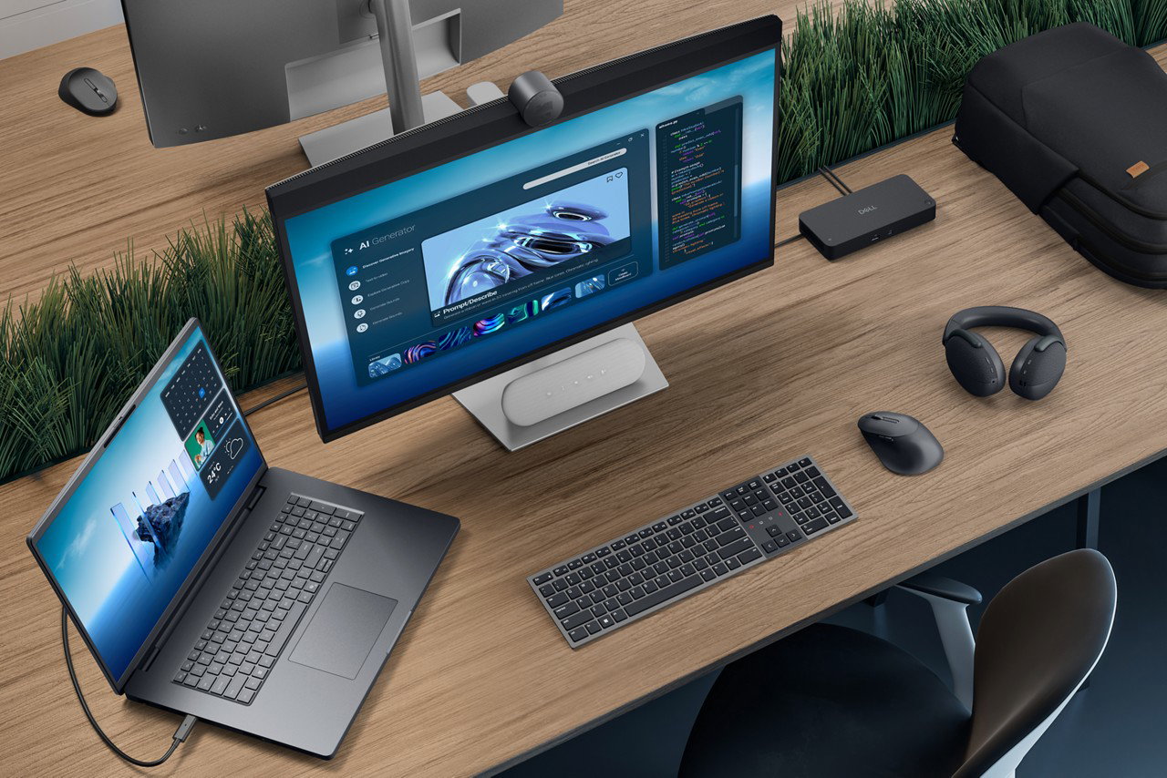 Office Desk Dell Pro Max 18 Plus Ecosystem Setup with keyboard mouse, dock, wireless headphones, monitor, and backpack. Screenfill of aerodynamics software.