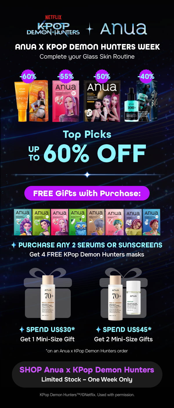 🚨 Anua x KPop Demon Hunters Week – Up to 60% OFF!